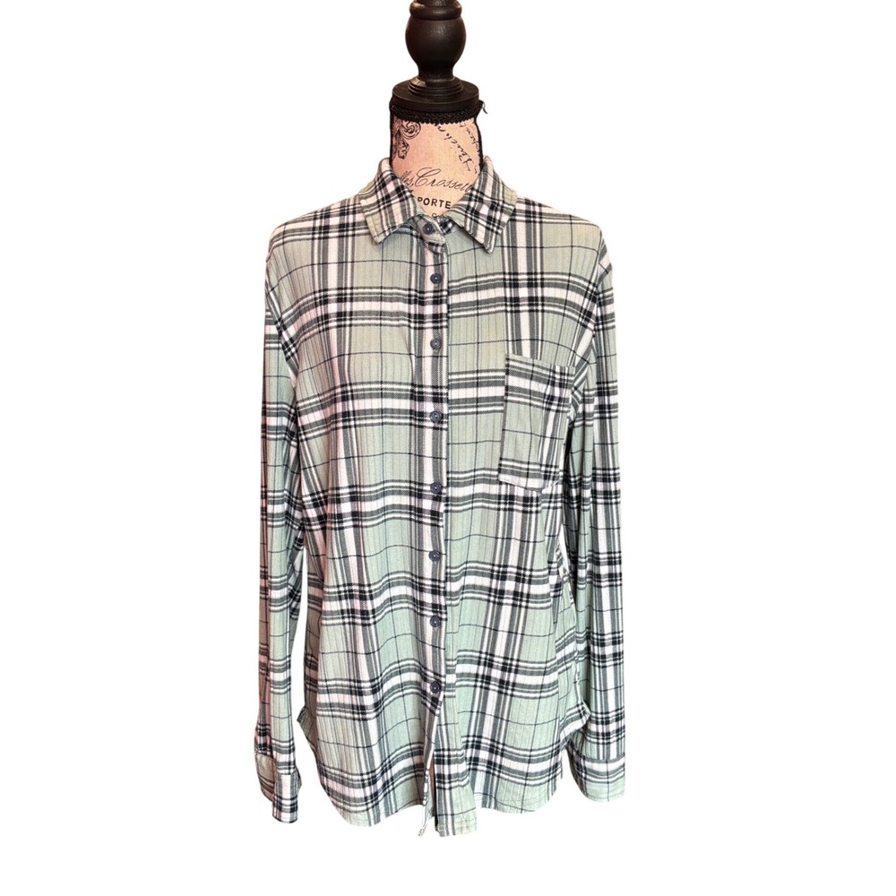Birch and‎ Stone Sage Green Plaid Ribbed Button Down Shirt Womens Medium Stretch